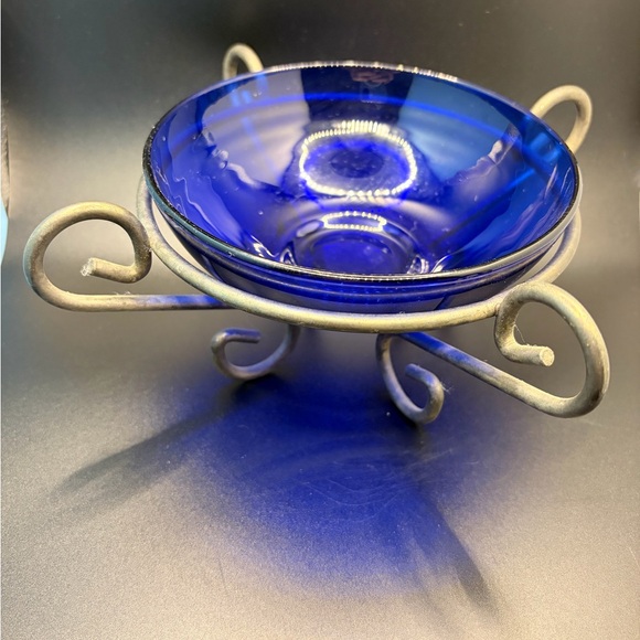 Stanley Blue Glass Bowl with Metal Stand - Picture 2 of 7